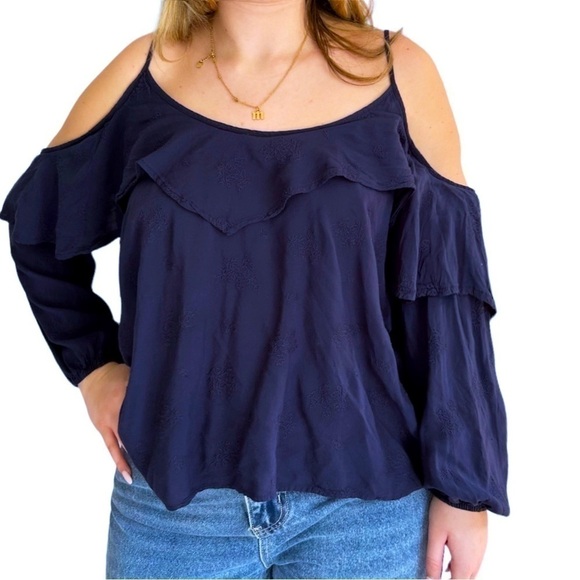ABERCROMBIE & finch navy embroidered cold shoulders long sleeve loose flowy top - Picture 1 of 8